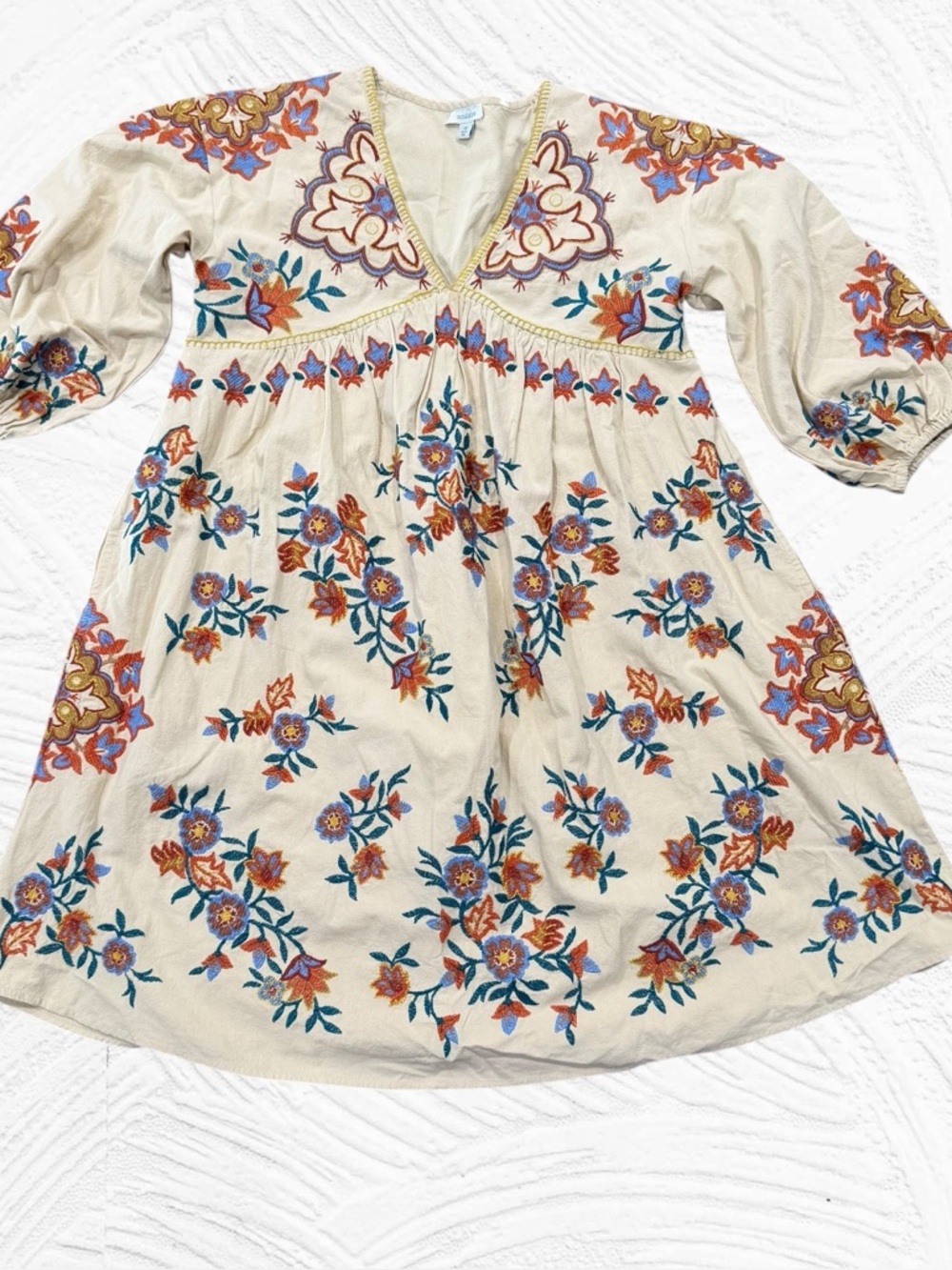 Sundance XS Sunset Garden Embroidered Cotton Babydoll Dress Floral Peasant Boho